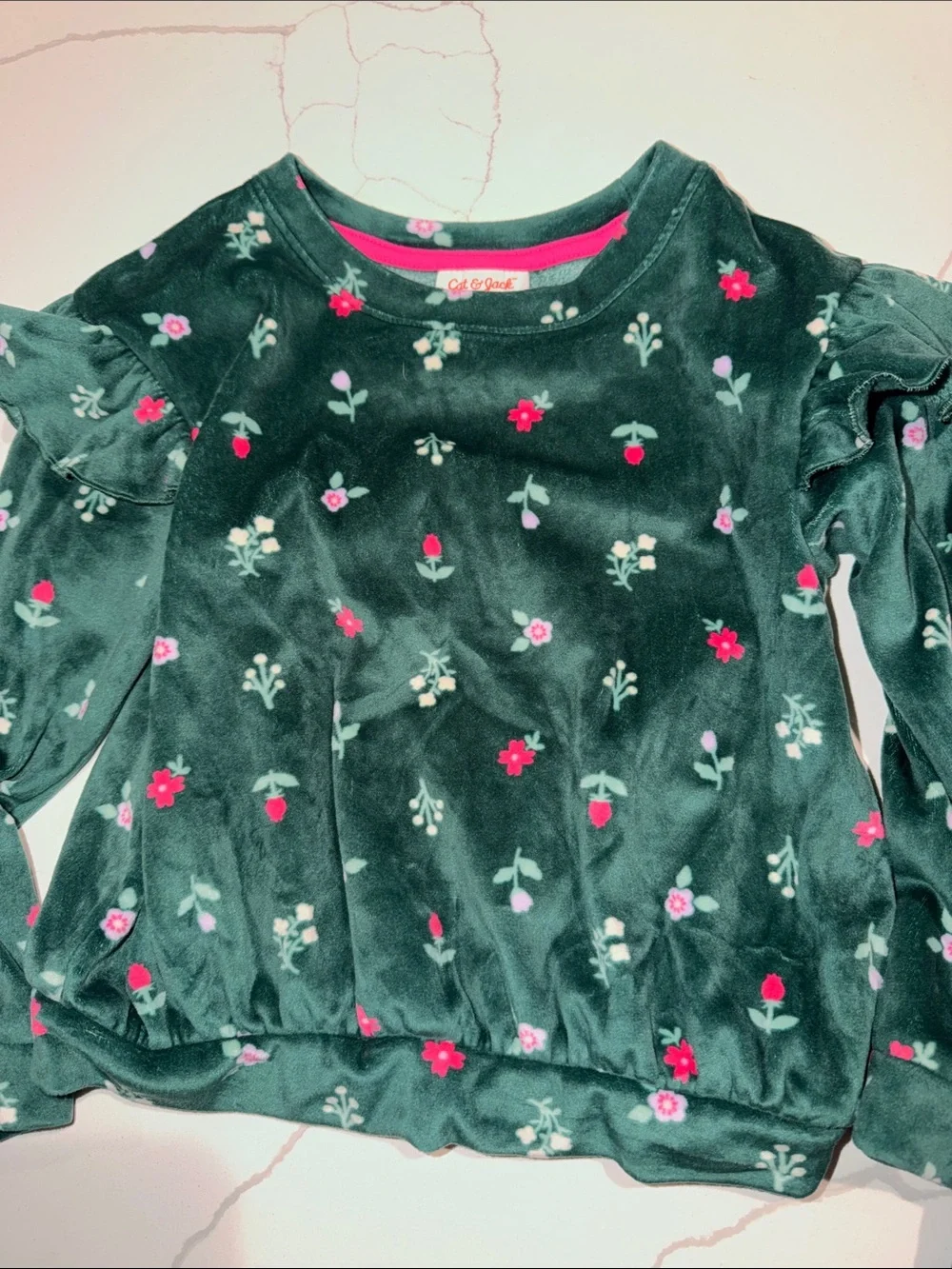 Cat and Jack Green Floral Velvet Top & Carters Navy Hot Cocoa Print Pajama Set